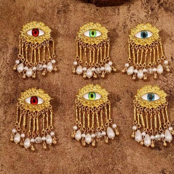 Red Evil Eye Protection Pearl Dangle Earrings - Picture 4 of 7